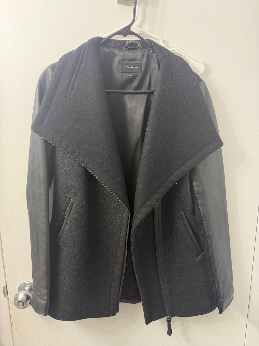 Mackage Black Wool Body with Leather-Sleeve Jacket